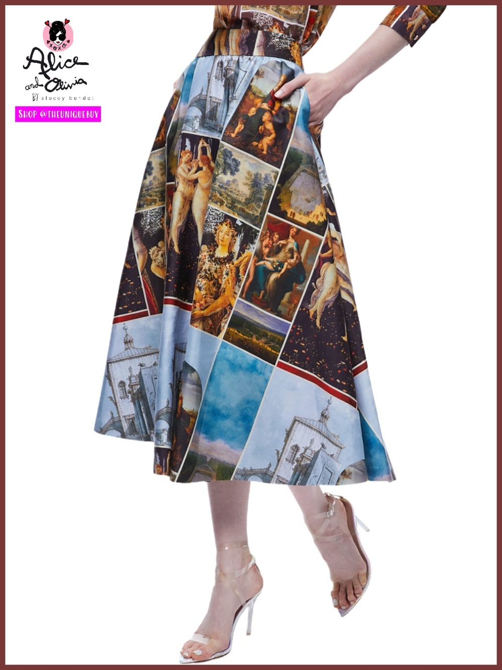 Alice + Olivia Earla Pleated High Waisted Sunday Dreaming Renaissance Midi Skirt